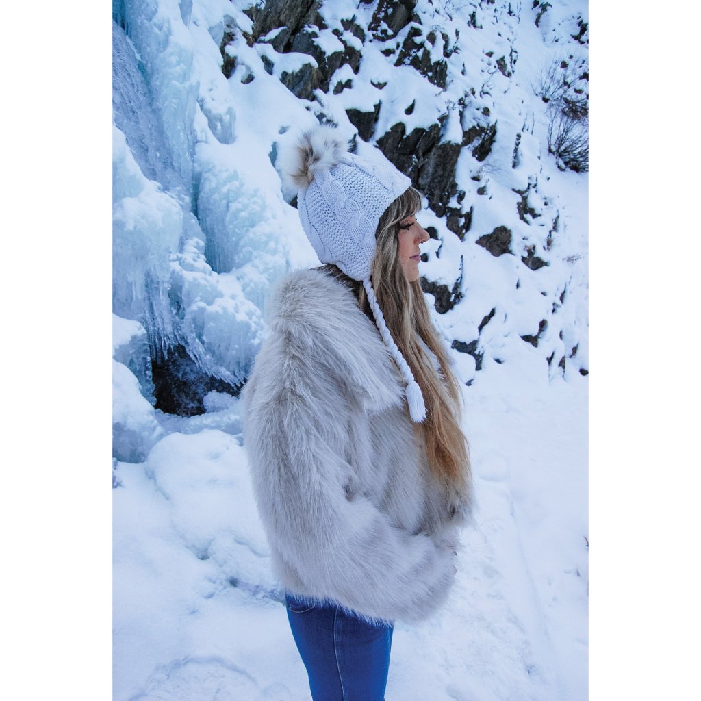 Snow White Bobcat Puff Tassel Beanie